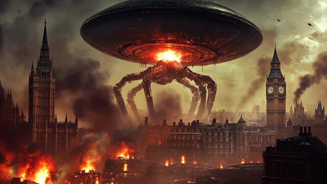 An alien spaceship flying over the city. Art war with explosions in the ufo. Smoke from a fire in the sky. A spacecraft from another planet soaring lifestyle above the city.