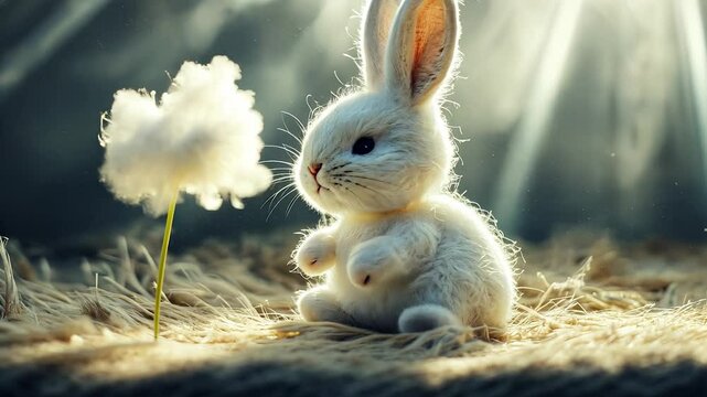 Cute little bunny in the clouds wallpaper. Blurry hare with toy on a background. A glare of light from the clouds on the floor. A charming bunny design on a cloudy wallpaper lifestyle.