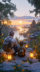 Scenic sunset view over a calm lake with a father and son enjoying nature together in a beautiful landscape
