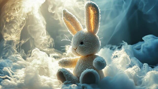 Cute little bunny in the clouds wallpaper. Blurry hare with toy on a background. A glare of light from the clouds on the floor. A charming bunny design on a lifestyle cloudy wallpaper.