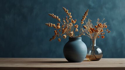 Minimalist Dried Flower Arrangement in Vases Against Deep Blue Background

