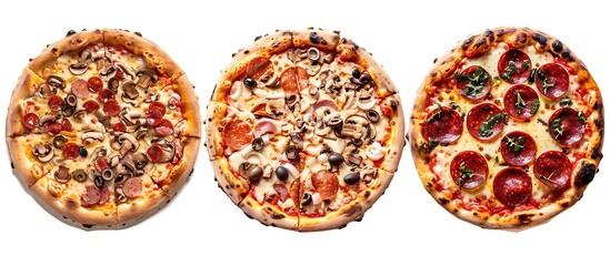 Set of three different types of pizza on a white background, top view. Isolated. High-detail, ultra-realistic photo rendering.