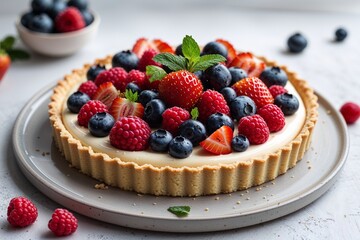 A delightful summer berry tart, bursting with juicy raspberries, blueberries, and strawberries atop a creamy custard base, baked in a golden, flaky crust; soft lighting enhances its vibrant colors.