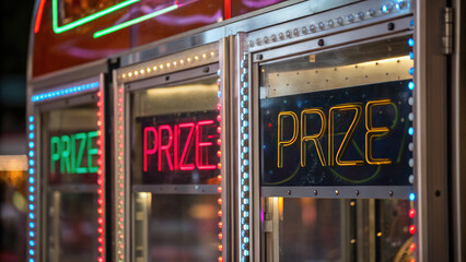 Bright neon lights illuminate prize booth, showcasing colorful reflections and inviting atmosphere