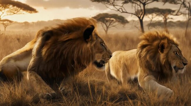 Lions Stalking Prey Across the Savanna, Smooth repeating motion for background video animation