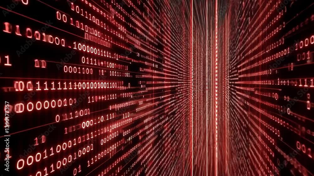 Poster data flowing through a digital tunnel with binary code in bright red colors at high speed in a virtu