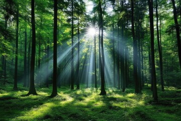 Sunlight streams through dense forest canopy. Lush green trees stand tall, bathed in morning light.  Tranquil forest scene