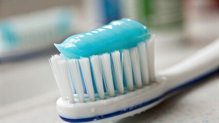 toothbrush with fresh minty toothpaste ready for use, showcasing bristles and vibrant gel