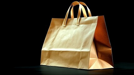 Gold paper shopping bag on black background.