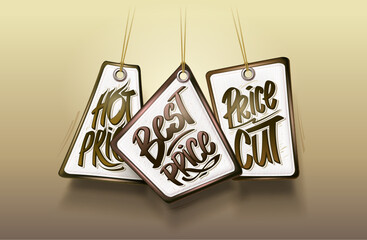 Best price, hot price, price cut - vector banner mockup with three price tags on a golden colored backdrop