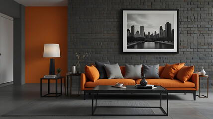 Contemporary Living Room Featuring an Orange Couch and Black Coffee Table


