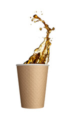 Paper cup with coffee splash isolated on white background
