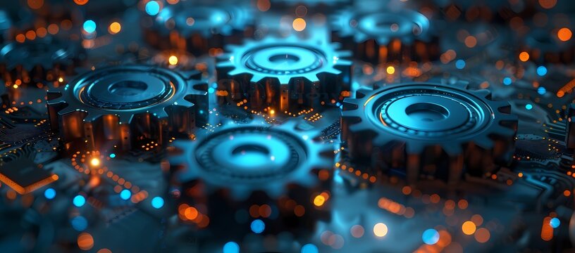 Gears on Circuit Board Background with Light Emitting Diodes