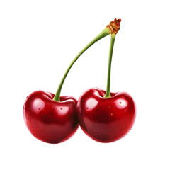 Fresh Two Red Cherries Isolated on Transparent Background 