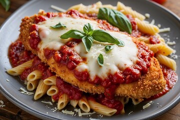 Crispy breaded chicken parmesan topped with melted mozzarella and rich marinara sauce served over penne pasta with fresh basil leaves authentic Italian comfort food dinner