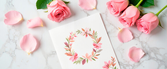 Elegant wedding program on marble with roses, romantic celebration