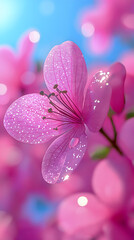 Vibrant pink cherry blossom in close-up surrounded by blurred pink petals on a sunny spring day