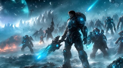 Naklejka premium Futuristic soldiers battle in icy alien landscape.