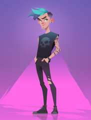 Stylized illustration of a confident punk rocker man with blue hair, tattoos, and ripped black clothes with skull print. He stands with a smirk, exuding rebellious energy. Neon cyberpunk background