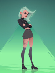 Stylized illustration of a fierce punk woman with mint green hair, tattoos, and a bold gothic outfit. She stands confidently with crossed arms, exuding attitude. Neon cyberpunk background