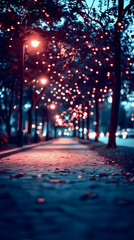 Evening stroll along a beautifully lit path adorned with warm lights and fallen leaves in the city