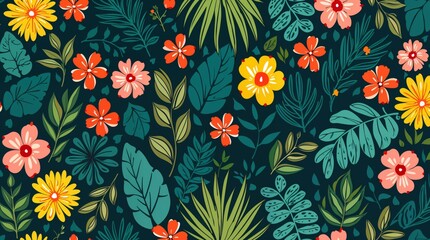 A striking botanical pattern with bold yellow, red, and green flowers against a deep black background. Vibrant, tropical, and perfect for statement designs.