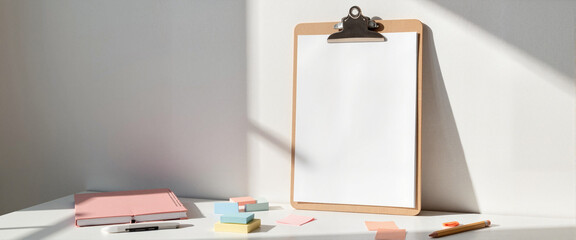Minimalist clipboard display in bright room, professionalism and creativity