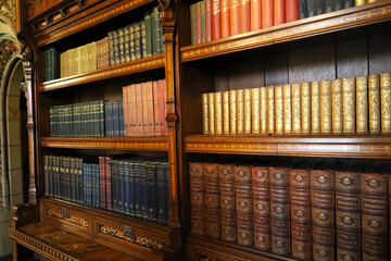 Old medieval bookshelf and books from Wales, UK