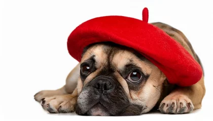 A cute French bulldog wearing a red beret  blurred background of Paris  selective focus