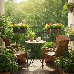 Beautiful cozy green balcony with potted plants, comfortable chairs and table for relaxing and enjoying nature at summer. Slow living, tranquil moment, mental health. Backyard terrace decoration.