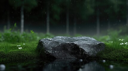 Dark, damp forest scene with a large rock