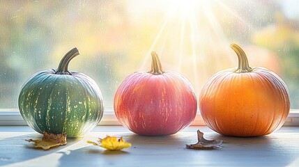Obraz premium Three pumpkins on a windowsill, autumnal colors