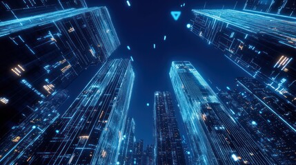 Obraz premium Futuristic city skyline at night, digital network, urban scene, technology, stock photo