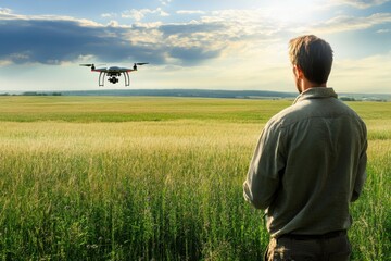 Man operating a drone over a vast grassy field during a sunset