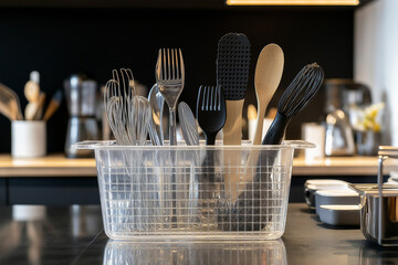 Sleek transparent plexiglass storage basket designed for kitchen tools optimizes space with modern aesthetic efficiency