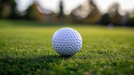 Obraz premium Golf ball resting on green grass at a sunny afternoon golf course before gameplay begins