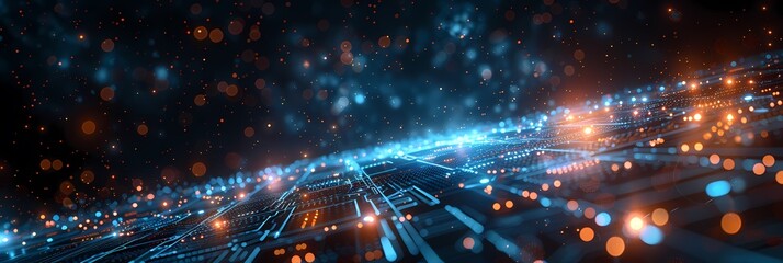 Obraz premium Illuminated Circuit Board with Glowing Paths and Abstract Data Flow