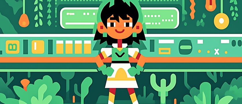 Girl standing proudly in front of a futuristic control panel surrounded by lush greenery.