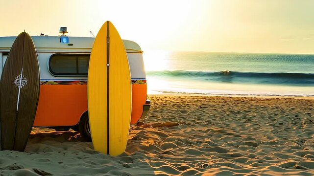Yellow surfboard leaning against a vintage camper van on a sandy beach at sunrise. Summer vacation and surf travel concept