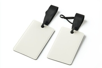 Plastic luggage tag with strap, front and back on white
