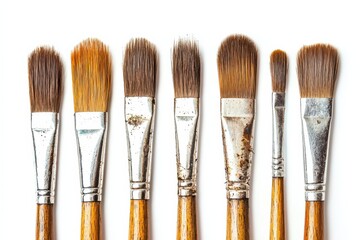 Set of paintbrushes with wooden handles in various conditions