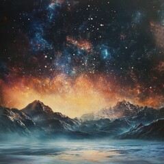 Fototapeta premium Stunning cosmic landscape reflecting vibrant colors over tranquil mountain lake under a starry night sky