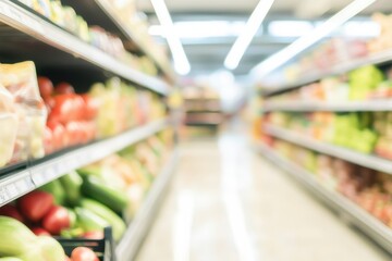 Fototapeta premium Blurred Bright supermarket aisle with fresh produce and neat shelves