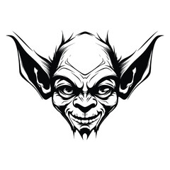 A dark and mysterious silhouette of a goblin head, featuring sharp facial features, pointed ears, and a mischievous expression. Perfect for fantasy-themed designs, gaming logos, horror illustrations
