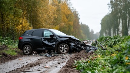Car Accident Scene with Damaged Vehicle on Country Road Surrounded by Fallen Trees and Debris After Storm