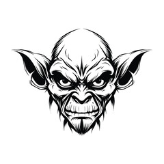 A dark and mysterious silhouette of a goblin head, featuring sharp facial features, pointed ears, and a mischievous expression. Perfect for fantasy-themed designs, gaming logos, horror illustrations