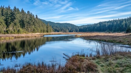 Calm lake reflecting trees, autumn wetland, sunny day, nature background, travel poster