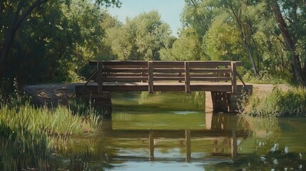 Fototapeta premium Wooden bridge over calm river, idyllic park, summer sunlight, tranquil nature scene, travel brochure
