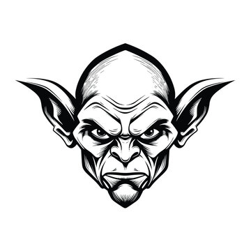 recommend clip art: A dark and mysterious silhouette of a goblin head, featuring sharp facial features, pointed ears, and a mischievous expression. Perfect for fantasy-themed designs, gaming logos, horror illustrations