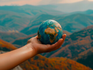 A hand holds a realistic miniature Earth with a mountainous landscape in the background, symbolizing global consciousness.